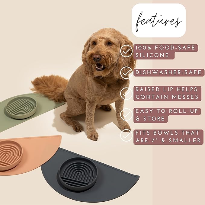 Should We Go - Waterproof Silicone Pet Food Mat - Non-Slip, Spill-Proof Feeding Mat for Floors, Raised Edge Design, Easy-to-Clean Pad for Dog & Cat Bowls, 21" Across x 10.5" Deep, Medium-Sage Green