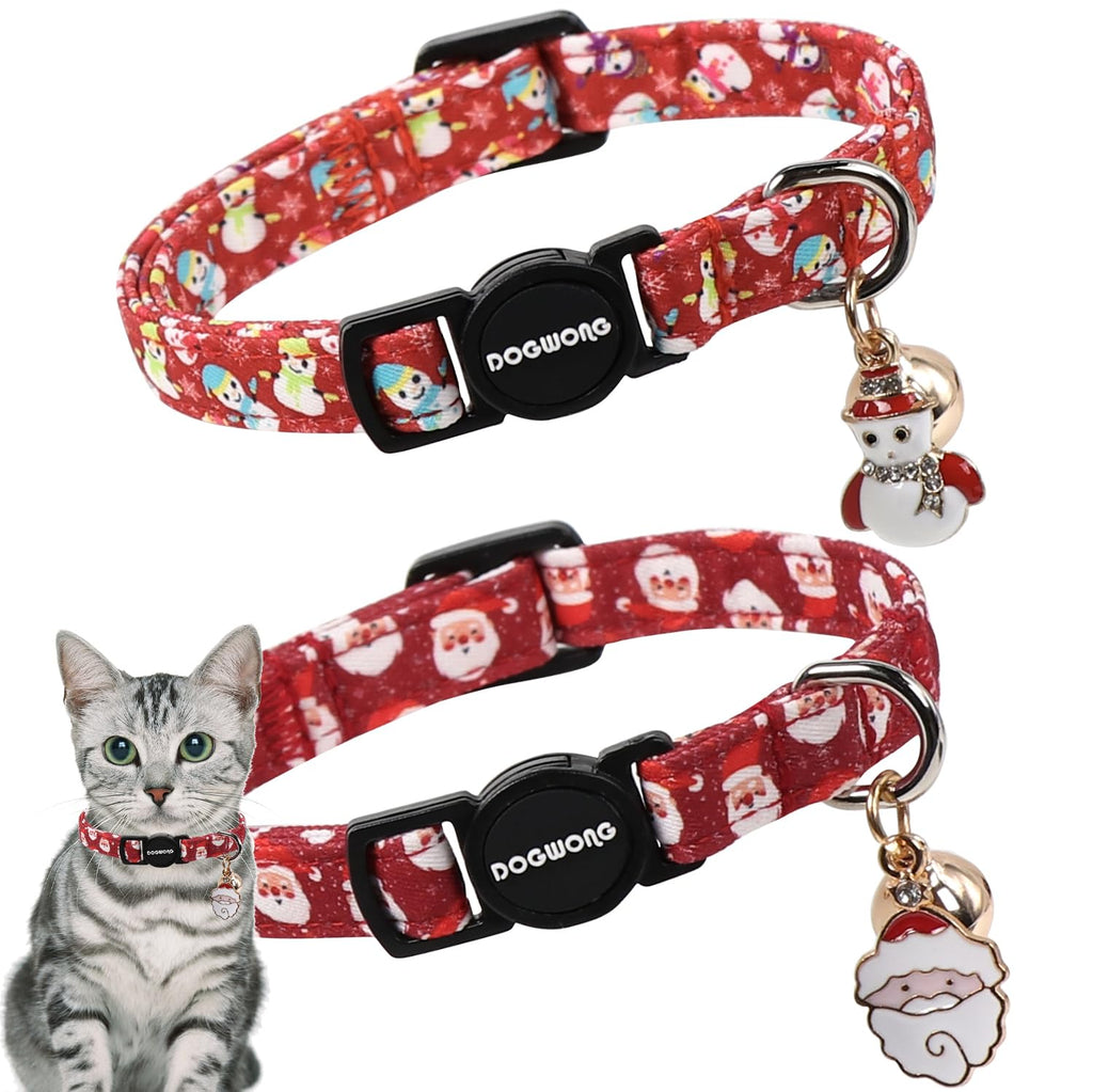 2 Pack Christmas Cat Collars Breakaway with Bell, DOGWONG Safety Buckle Santa Claus Christmas Tree Cute Cat Collar for Girl Boy Cats，Adjustable 7-12 Inch