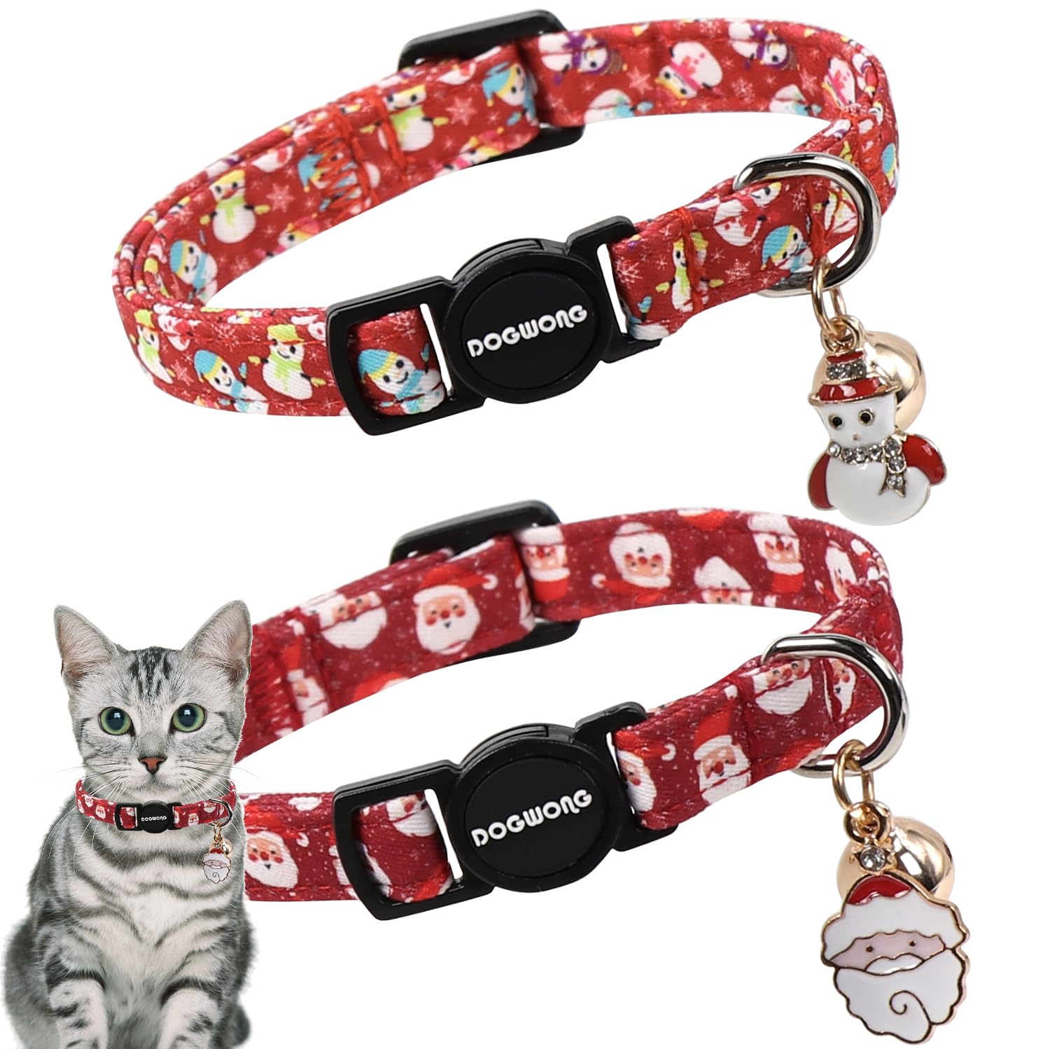 2 Pack Christmas Cat Collars Breakaway with Bell, DOGWONG Safety Buckle Santa Claus Christmas Tree Cute Cat Collar for Girl Boy Cats，Adjustable 7-12 Inch