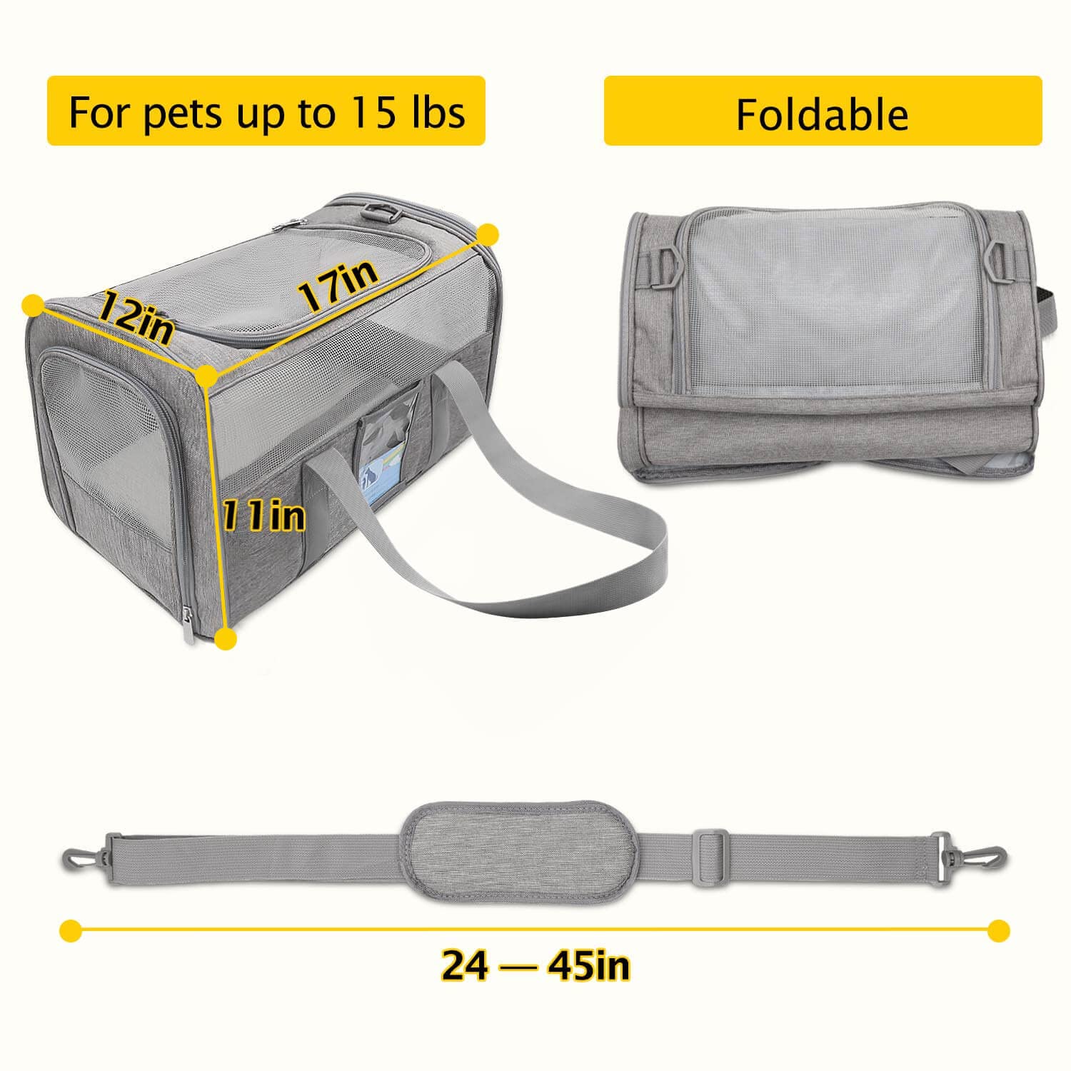 Refrze Cat Carrier,Dog Carriers for Small Dogs Medium Cats Pet Carrier up to 15 Lbs, TSA Airline Approved Cat Carrier Soft, Cat Dog Crate Travel Bag,Grey