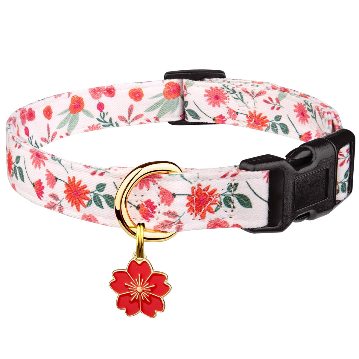 Cotton Dog Collar Pink Flower with Pendant Cute Dog Collar S