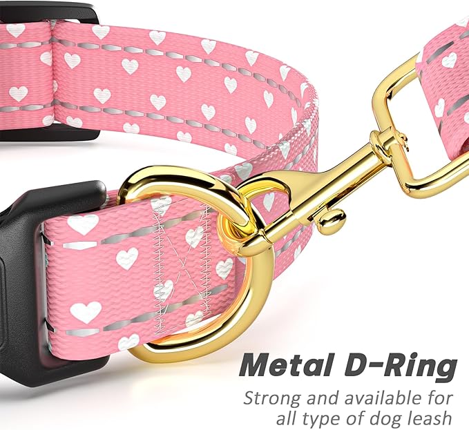 TMOODEL Reflective Dog Collar for Medium Dogs, Cute Adjustable Heavy-Duty Nylon Puppy Collars for Boy and Girl Female, Soft Pet Accessories with Quick Release Buckle, Neck 14-20", Pink Hearts