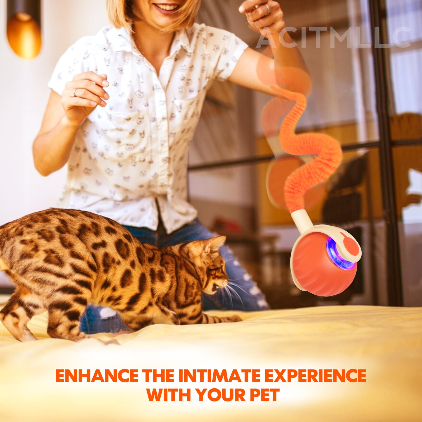 ACITMLLC Interactive Cat & Dog Toy Ball, Automatic Moving/Jumping/Bouncing, Smart Pet Chase Ball with Feather Tail, Electric Rechargeable Enrichment Toys for Indoor Bored Cats & Small Dogs (Orange)