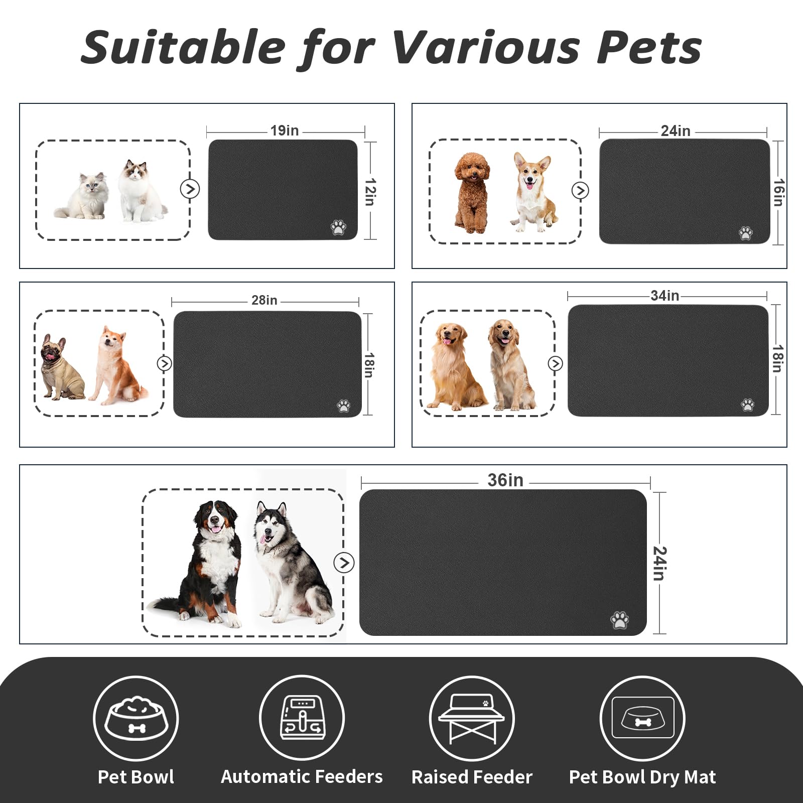 HotLive Dog Food Mat - Absorbent Cat Mat for Food and Water, No Stains Pet Feeding Bowl Mat, Easy to Clean Pet Placemats, Quick Dry Dog Water Dispenser Mat for Messy Drinkers | Paw Black 16"x 24"