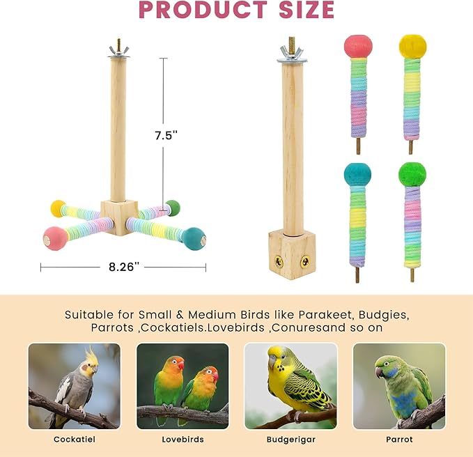 FAILUN Upgraded Parrot Perch Toy,Rotating Bird Perch Stand with Chew Ball Toy for Small&Medium Birds,Bird Cage Accessories for Parakeets Cockatiels Lovebirds Conures Finches Budgies (Rainbow Colors)