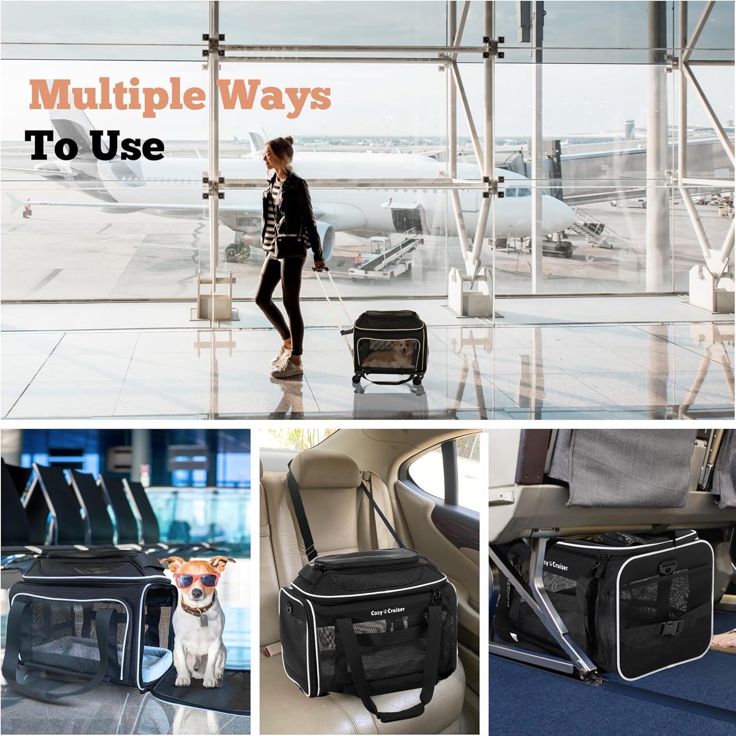 Cozy Cruiser Airline Approved Top-Expanding Pet Carrier on Wheels- Rolling Carrier- Designed for Dogs & Cats- Extra Spacious Soft Lined Carrier! 18x11x11 (Original Mesh Sides)
