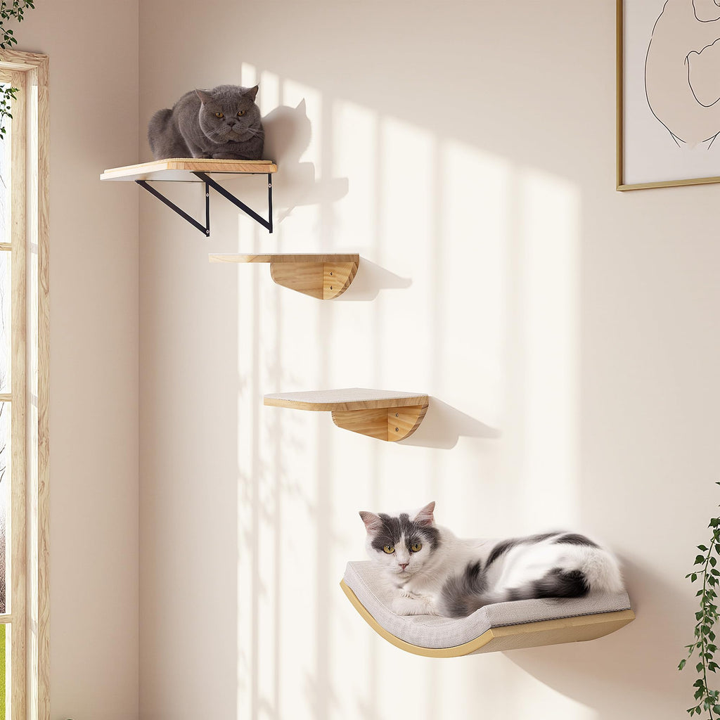 PELUOMOZ Cat Wall Shelves with Sisal Pads, 4-Piece Wooden Cats Furniture Set with Cat Window Perch, Flat Shelf & Sisal-Clad Steps for Climbing and Scratching