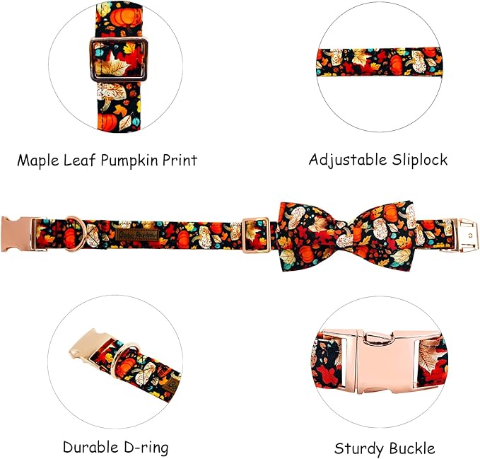 Bobo Rainbow Fall Dog Collar, Leaf Pumpkin Print Adjustable Pet Collar Cute Cotton Soft Collars with Bow Tie Metal Buckle Holiday Puppy Collars Boy&Girl Gift for Large Dogs