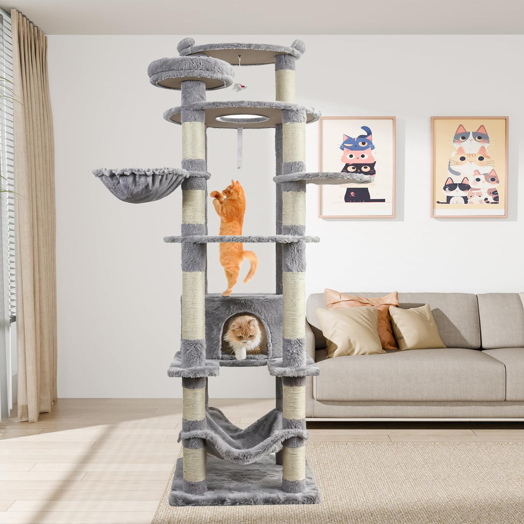 KWOJU 78.8" Large Cat Tree Tower for Indoor Kitties, Multi-Level Furniture Activity Center for Tall Cat Condo with Cozy Perches,Sisal Scratching Posts,Hammock and Basket (78.8 inch Light Gray)