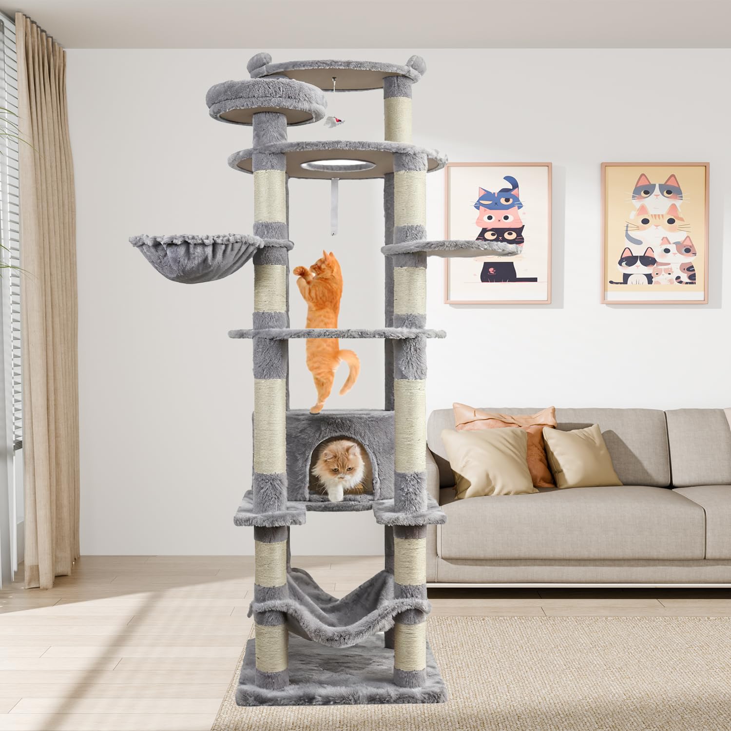 KWOJU 78.8" Large Cat Tree Tower for Indoor Kitties, Multi-Level Furniture Activity Center for Tall Cat Condo with Cozy Perches,Sisal Scratching Posts,Hammock and Basket (78.8 inch Light Gray)