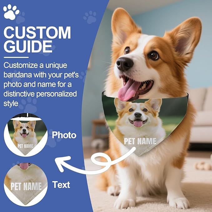 Custom Dog Bandana with Photo Personalized Dog Bandana Custom Image & Text, Unique Pet Scarf for Small Medium Large Dogs Personalized Pet Gift(Photo Custom, X-Large)