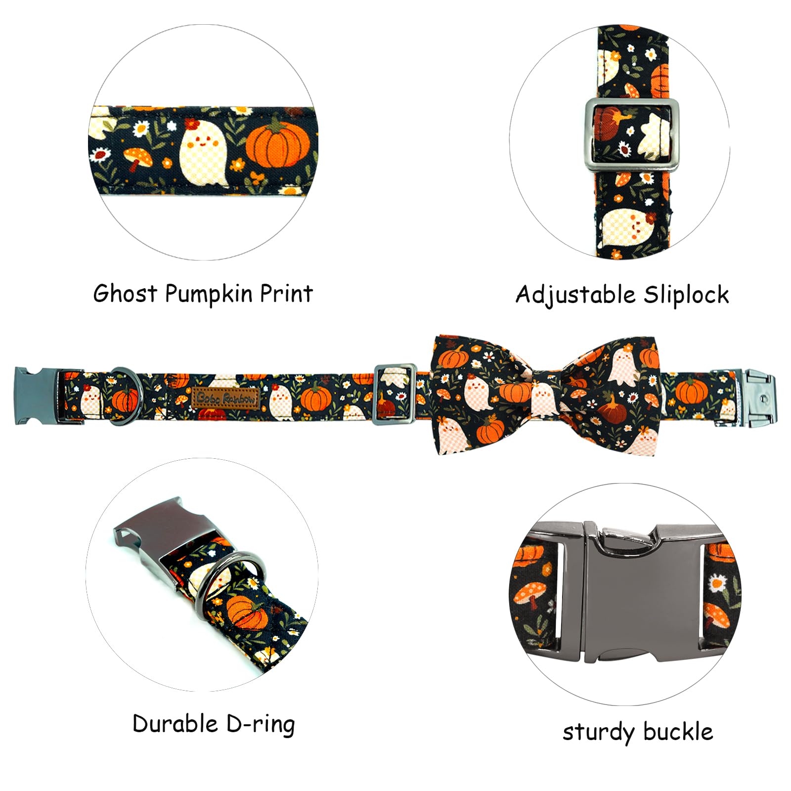 Bobo Rainbow Halloween Dog Collar, Ghost Print Adjustable Pet Collar Fall Pumpkin Cute Cotton Soft Collars with Bow Tie Fall Metal Buckle Holiday Puppy Collars Boy&Girl Gift for Medium Dogs