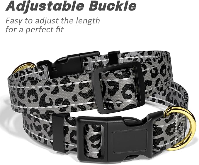 TMOODEL Reflective Dog Collar for Large Dogs, Cute Leopard Style Adjustable Heavy-Duty Nylon Puppy Collar for Boy and Girl Female, Soft Pet Accessories with Quick Release Buckle, Gray