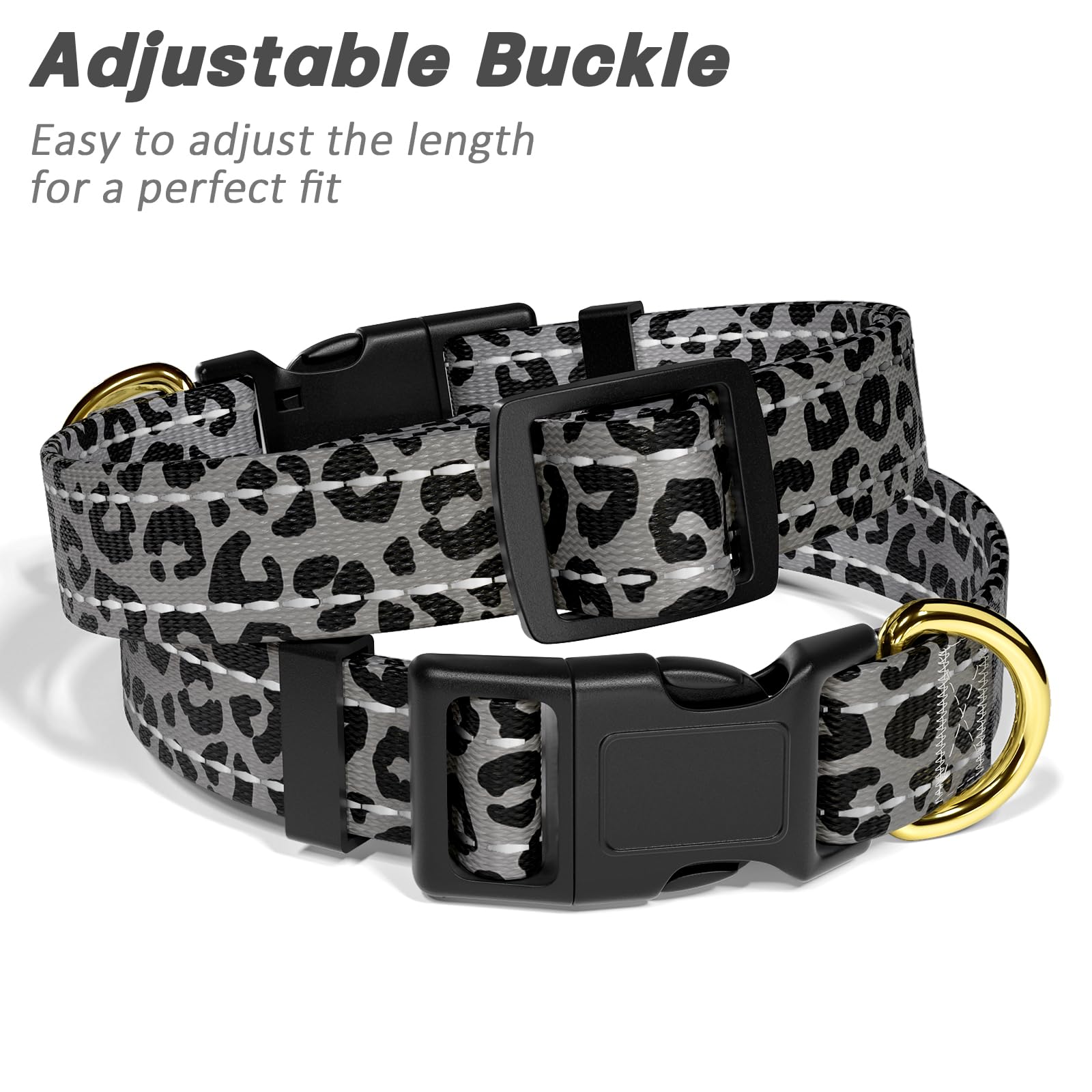 TMOODEL Reflective Dog Collar for Extra Small Dogs Cats, Cute Leopard Style Adjustable Heavy-Duty Nylon Puppy Collar for Boy and Girl Female, Soft Pet Accessories with Quick Release Buckle, Gray