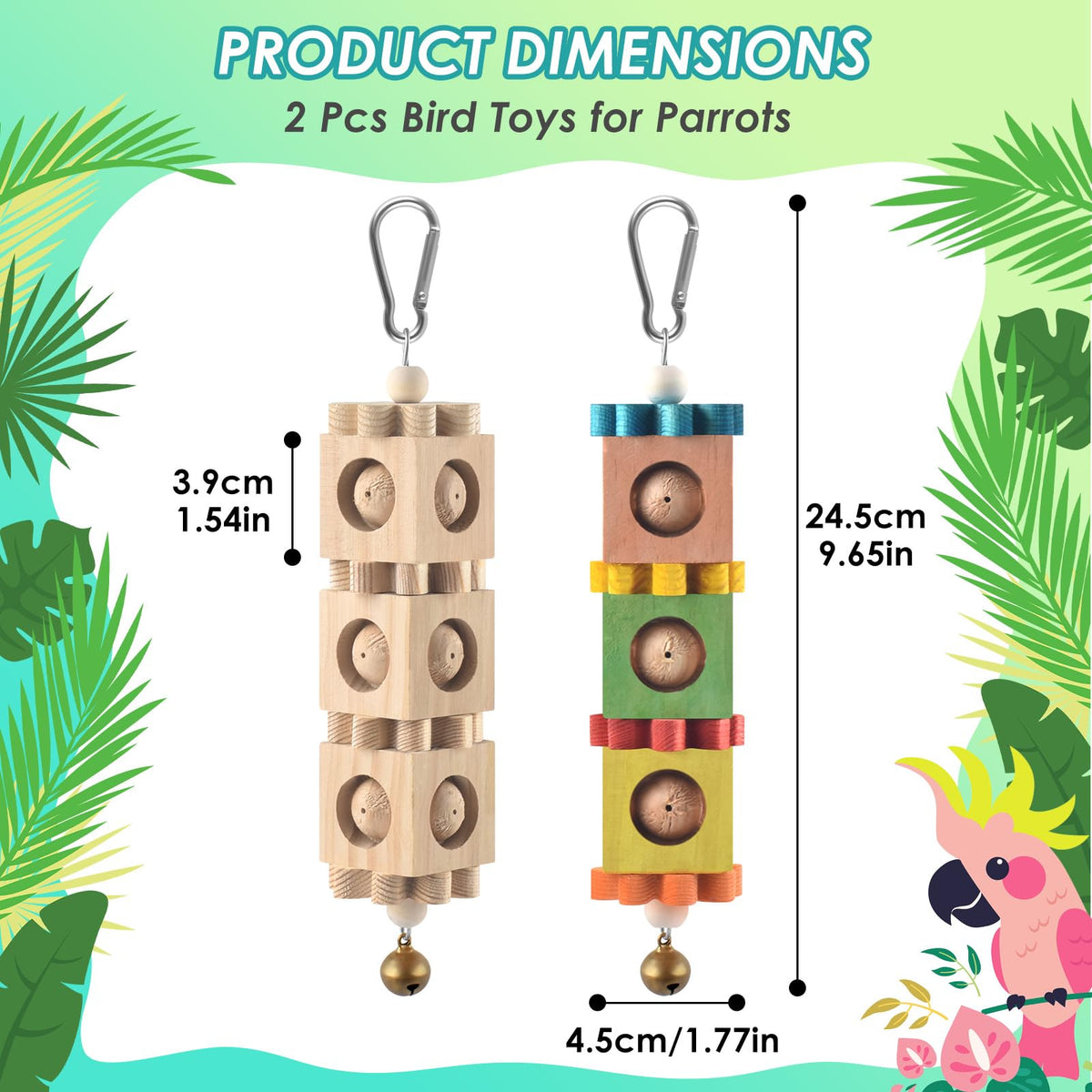 DBNESS 2 PCS Bird Chew Toys, Hanging Wood Parrot Toys with Bell, Beak Grinding & Foraging Bird Cage Toys for Small to Medium Parakeet Conure Cockatiel Caique Budgie