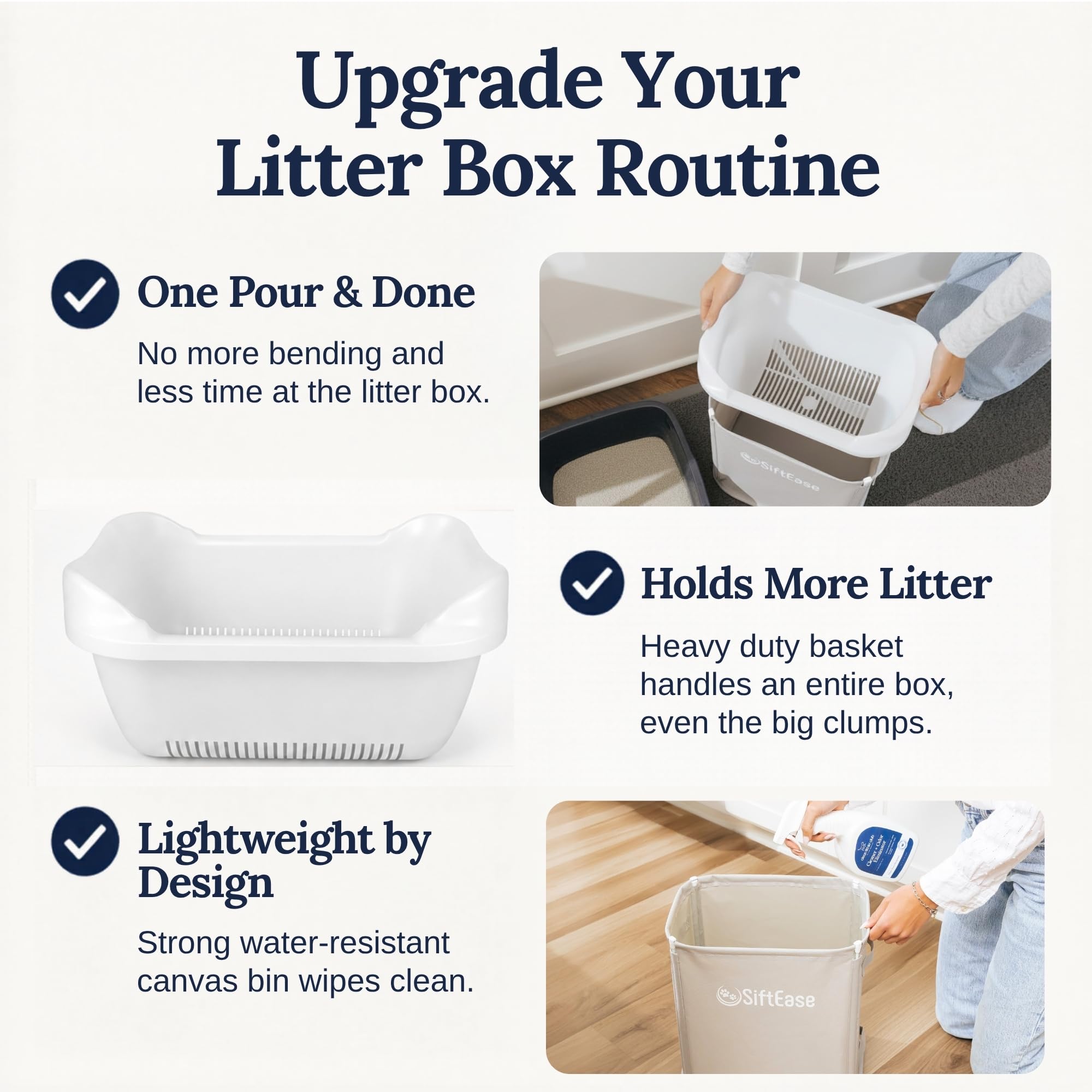 Cat Litter Sifter - SiftEase Litter Box Sifting, Fast Scoop Free Cleaning, Large Sift with Bin for Longer Lasting Litter, Easy Clean Sifting Litter Box Cleaner (Light Grey)