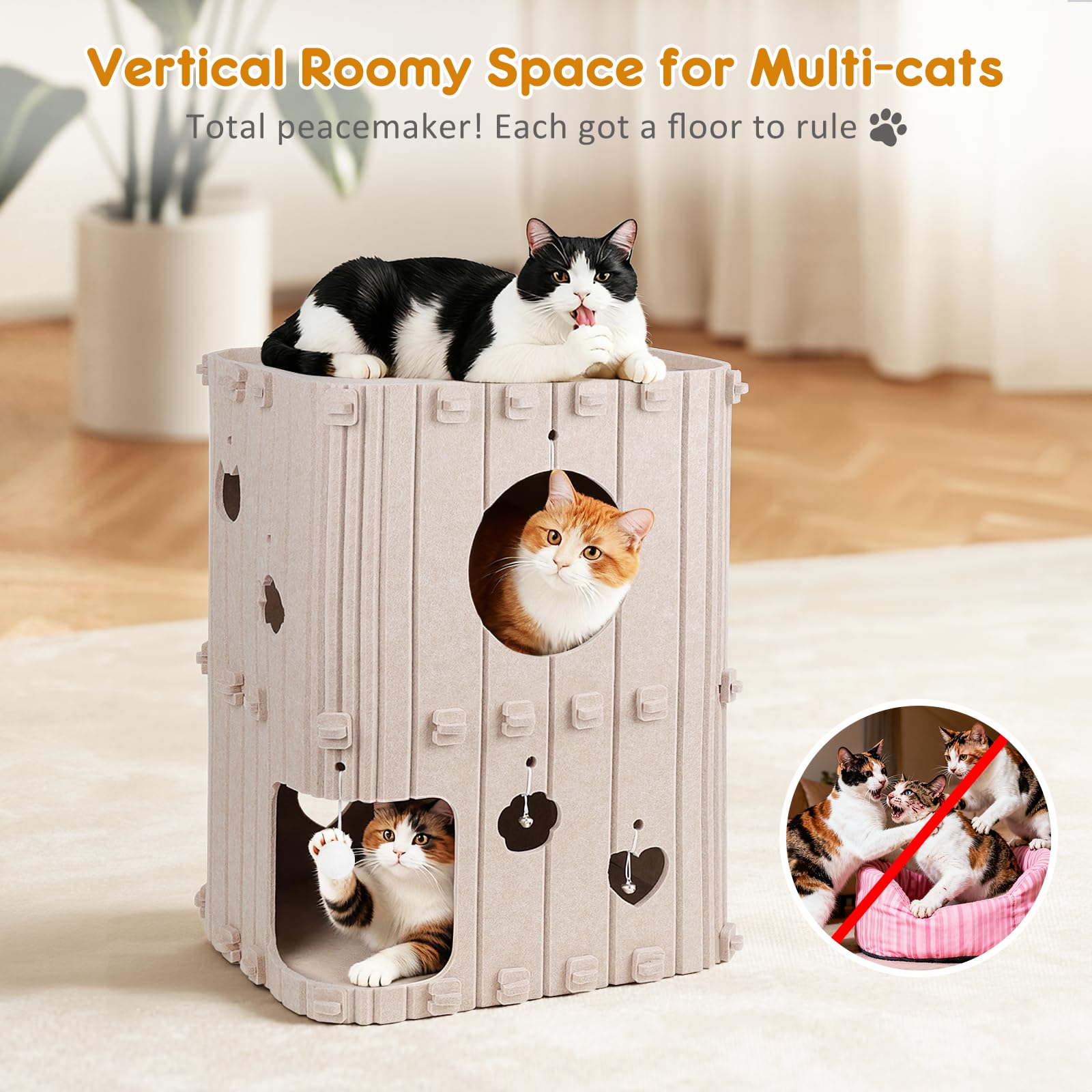 TOYSBOOM Cat House for Indoor Cats - 2-Story Enclosed Cat Bed Cave for Multiple & Large Cats, Felt Covered Pet Hideaway Tunnel Condo House, Kitty Hut Hideout Cube, Scratch Resistant, Beige
