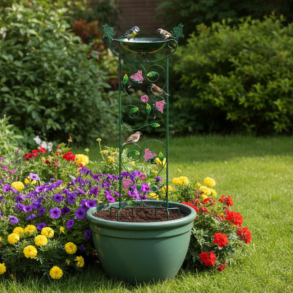 HONGLAND 36.5" Metal Bird Bath with Trellis, Outdoor Garden Birdbath with Detachable Bowl & Climbing Plant Support, Decorative Bird Feeder Station with Fairy for Yard, Patio, Fence