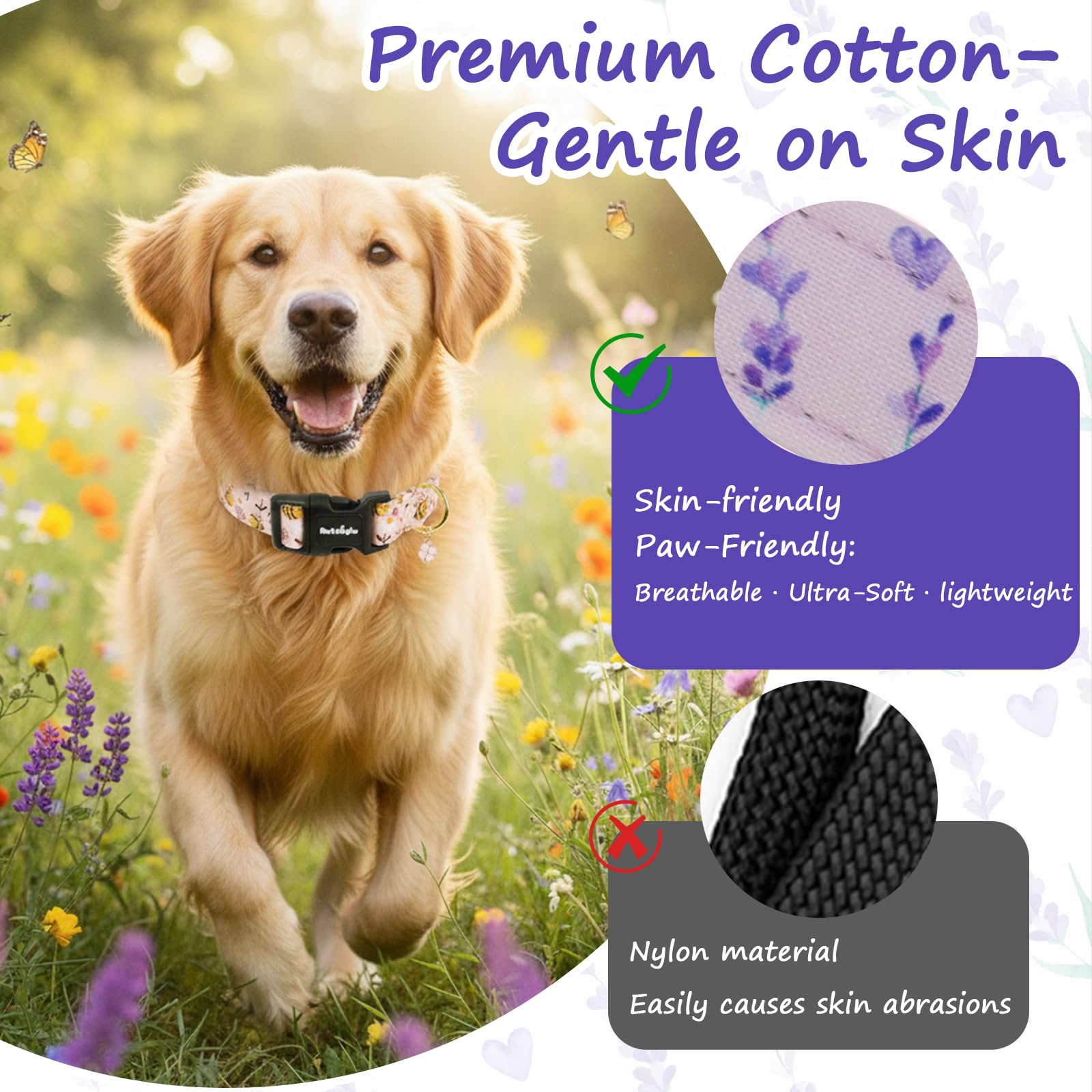 Astdogio Dog Collar for Medium Dogs, Spring Purple Dog Collars with Flowers Pattern, Adjustable Cotton Dog Collars, Cute Girl or Boy Dog Collar Ideal for Gifts,Pet Accessory