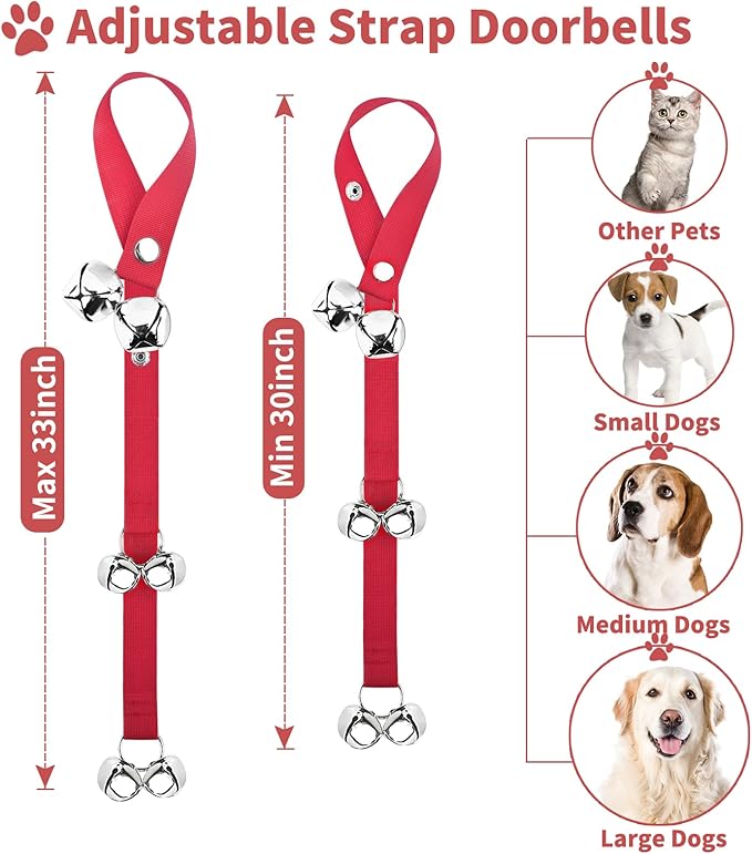 JIMEJV 2 Pack Dog Doorbells, Pet Training Bells for Go Outside Potty Training and Communication Device Large Loud Dog Bell Cat Puppy Interactive Toys Adjustable Strap Door Bell (Red)