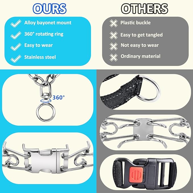 Anti-Tangle Collar, Stainless Steel Dog Collar with Quick-Release Buckle, Adjustable for Small, Medium and Large Dogs (L-3.5mm)
