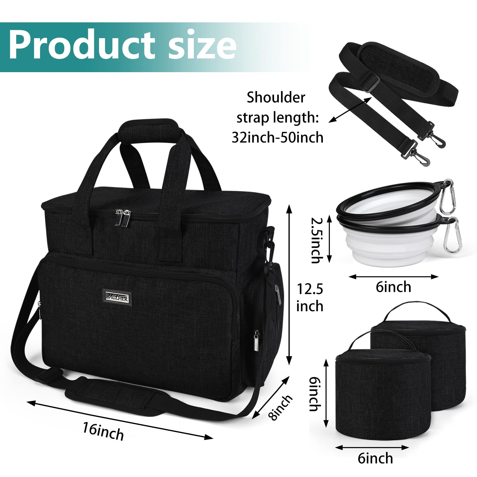 BAGLHER Dog Travel Bag, Airline Approved Pet Tote Organizer with Multi-Function Pockets, 2 X Food Storage Containers and 2 X Collapsible Bowls, Perfect Weekend Pet Travel Set for Dog, Cat Black