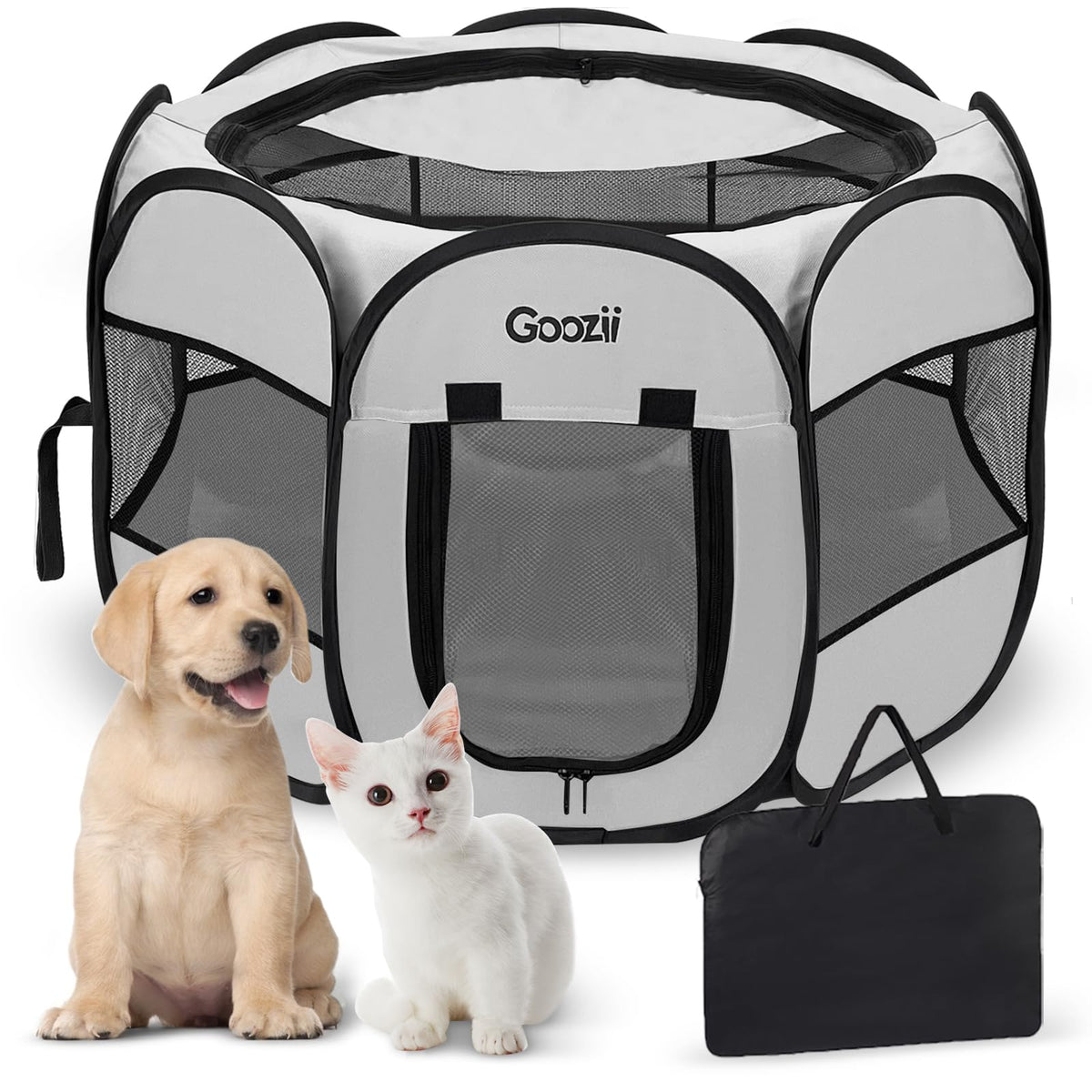 Goozii Pet Cat Playpen for Indoor Cats Enclosed, Puppy Dog Play Pen for Outdoor Travel Camping (Small Size, Green & Dark Grey)