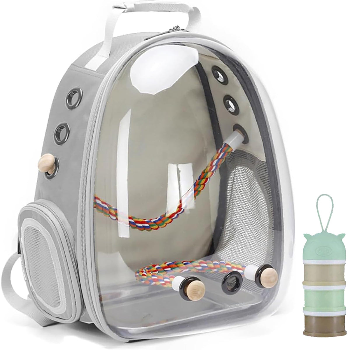 Bird Traval Carrier Cage, Clear Space Capsule Astronaut Backpack to Carry Parakeet Cockatiel Parrot with Metal Tray Wood Perch Bird Feeder, Vet Transport School Bag