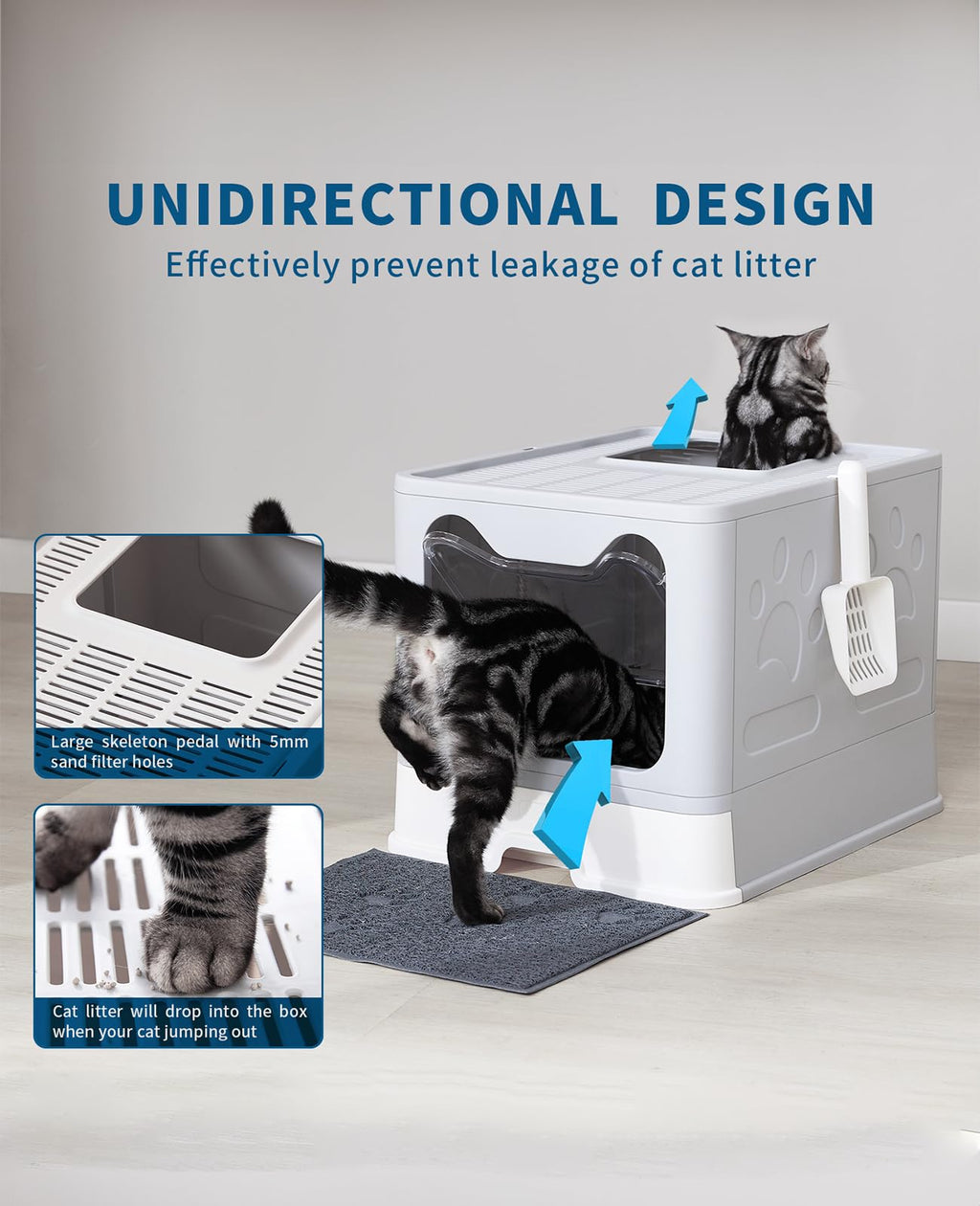 Medario Cat Litter Box with Litter Mat and Scoop (Grey)