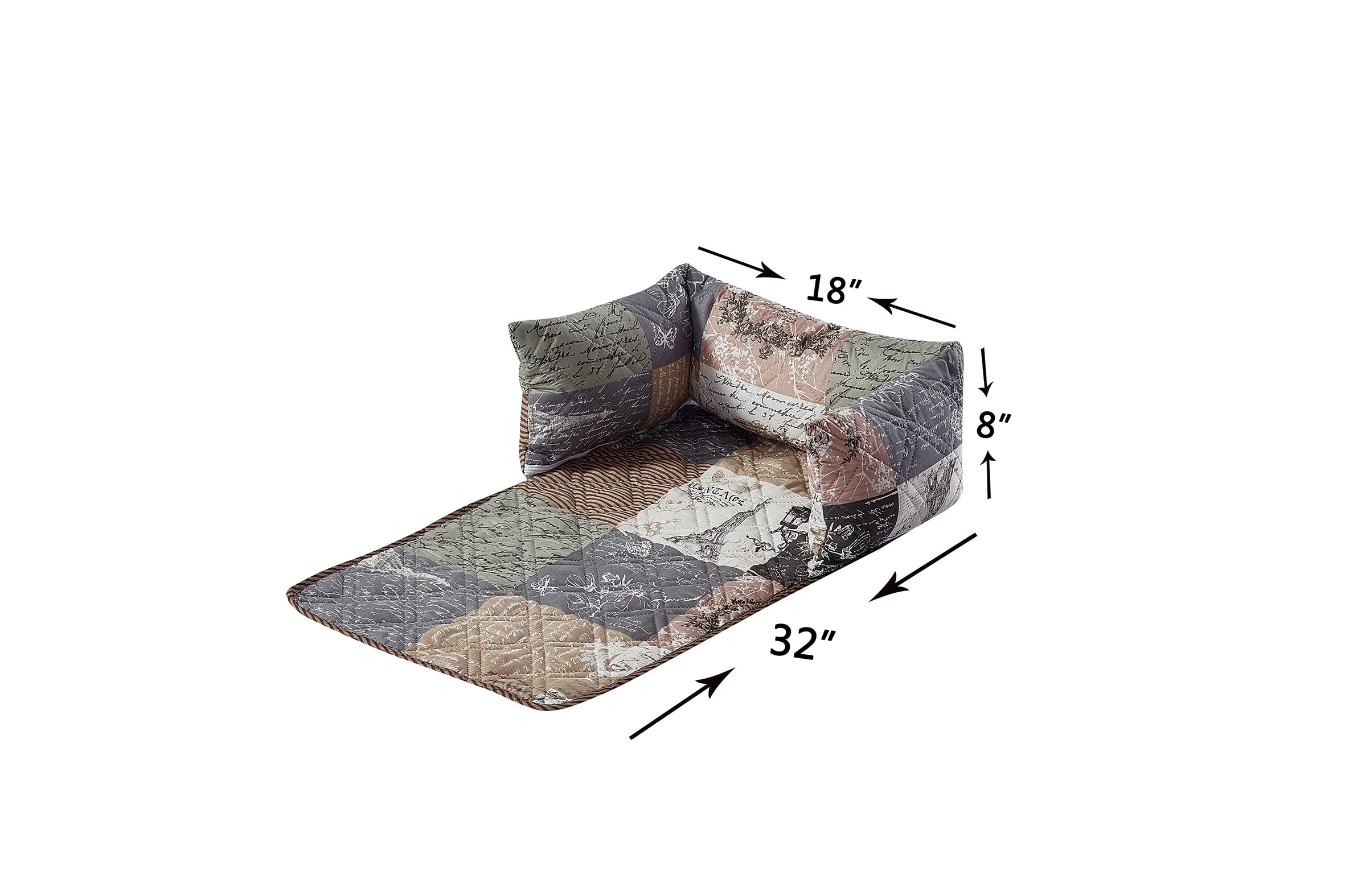 Brilliant Sunshine Latte Grey Paris and Toile Floral Patchwork Pet Sofa Bed, Quilted, Slip Resistant, Washable Couch Protector with Bolster Cushions, Furniture Cover for Dogs, Cats, Small, Latte Grey