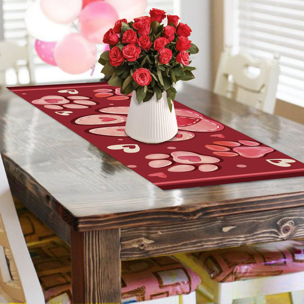Croar Valentines Day Dog Cat Paw Prints Table Runner, Red Love Hearts