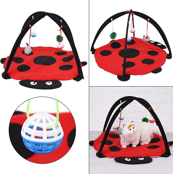 Foldable Cat Activity Play Mat Tent, Multi Function Cat Tent Activity Center with Hanging Toy, Cat Activity Center Pet Kitten Cushion Bed Hanging Balls Padded House Center for Cats Exercise Stay