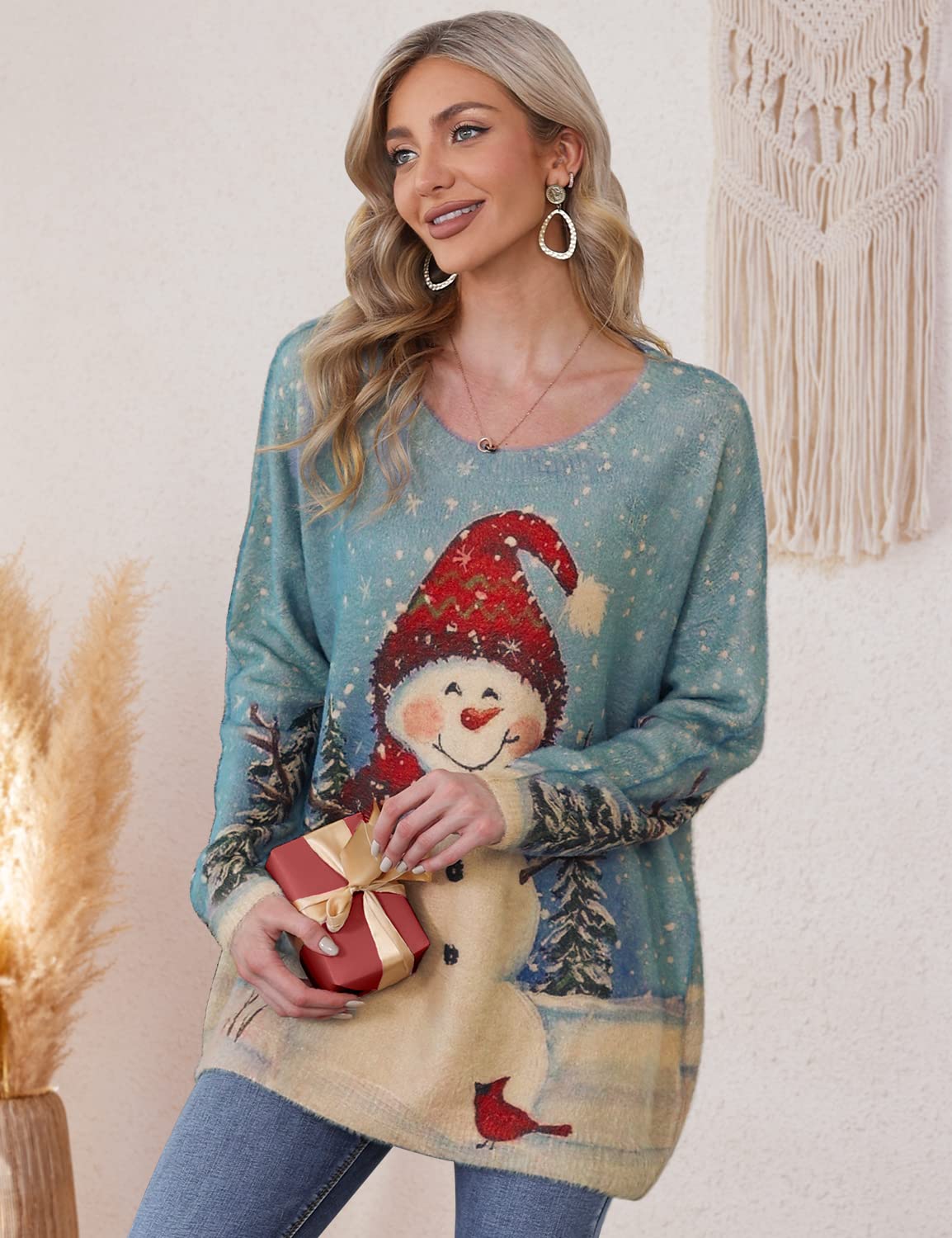 YESNO Women Christmas Sweater Graphic Printed Oversized Pullover Sweaters Casual Loose Knit Tops L S01 CR121