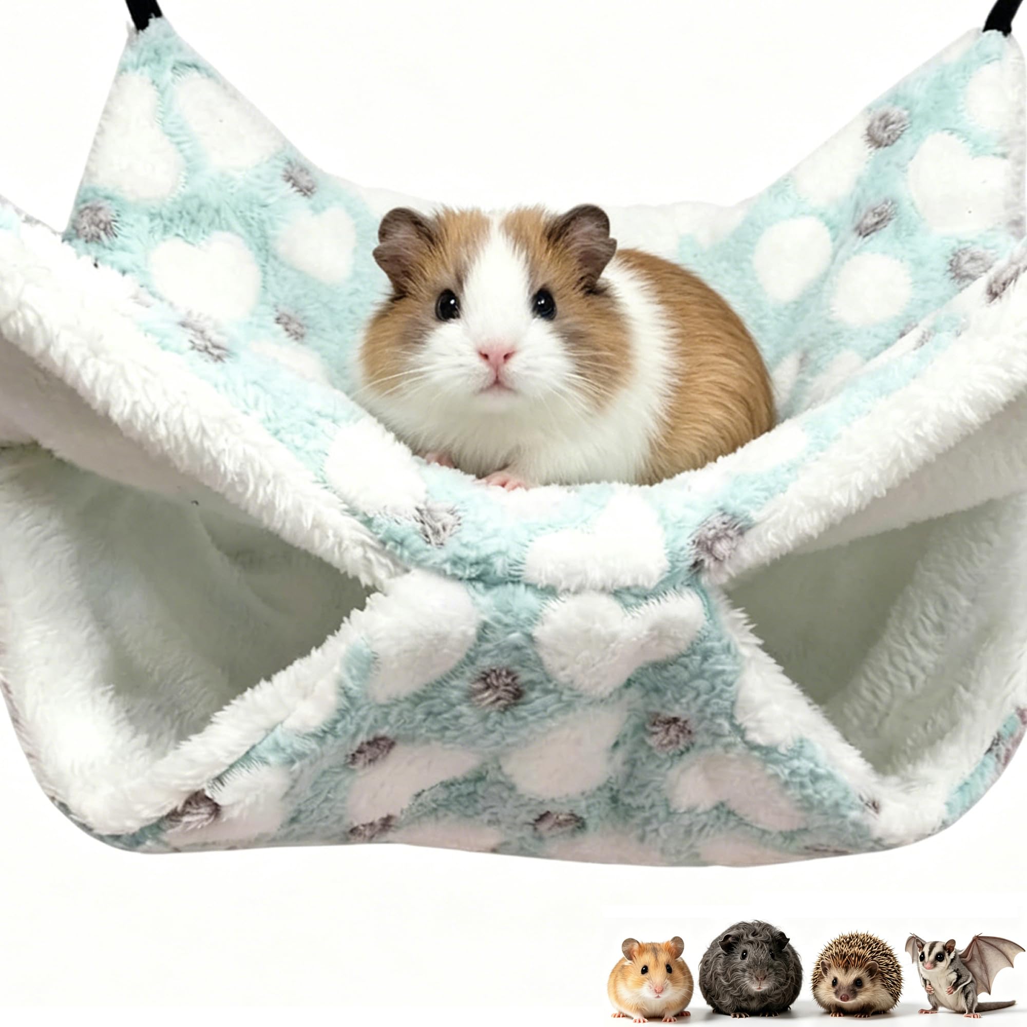 OINEEDU Guinea Pig Ferret Hammock for Cage - Machine Washable Double-Decker Hanging Bed - Fits Sugar Glider,Rat,Hamster,Gerbil - 13.3" x 13.3" - Love Green Pattern