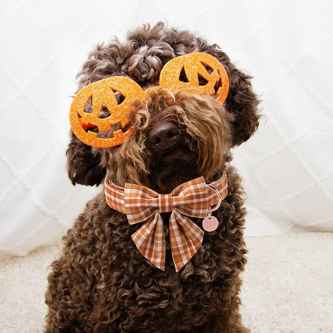 UP URARA PUP Fall Plaid Dog Collar and Bow Tie Set – Brown Orange Checkered Adjustable Collar with Maple Leaf Charm for Small Medium Large Dogs, Soft Cotton Puppy Collar with Quick Release Buckle