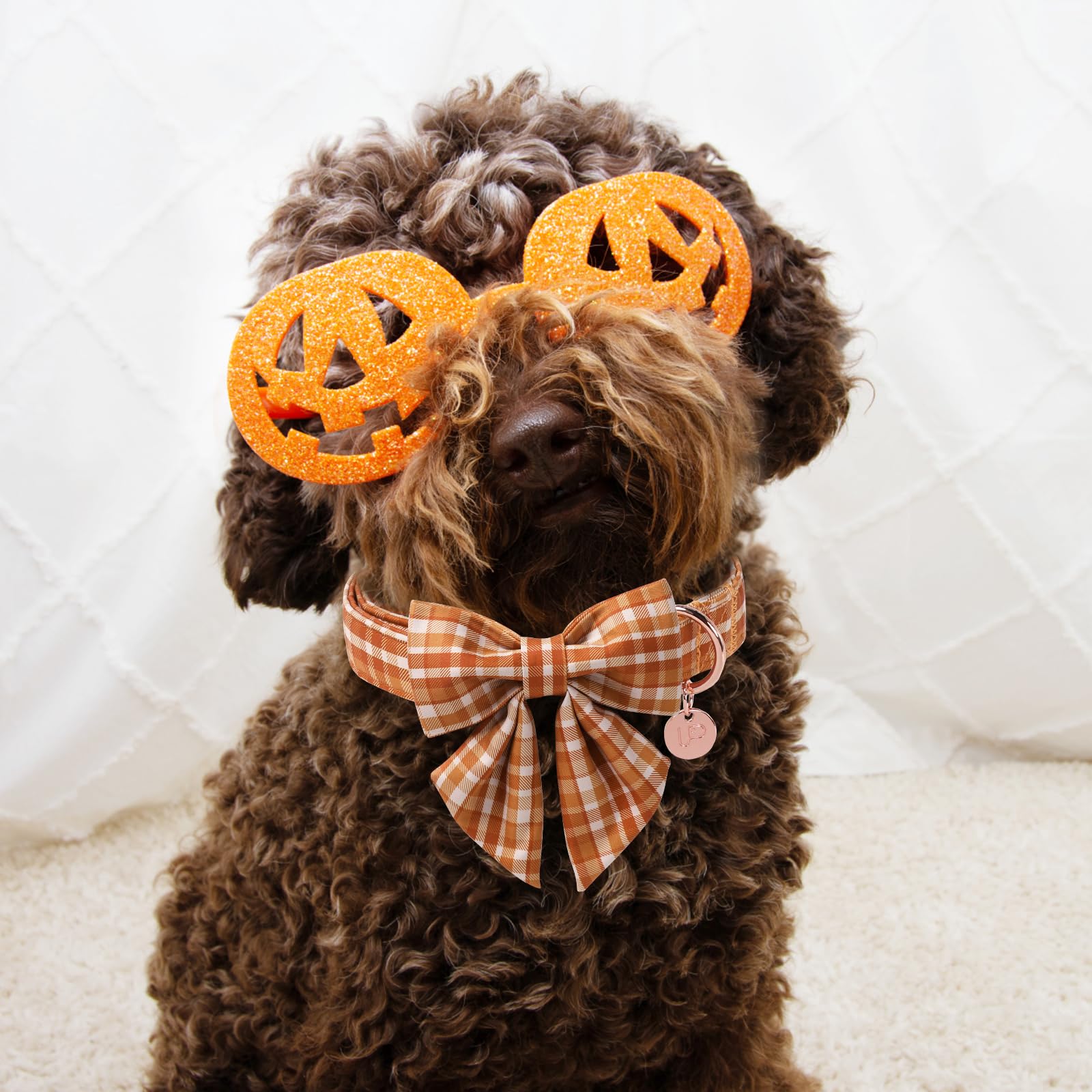UP URARA PUP Fall Plaid Dog Collar and Bow Tie Set – Brown Orange Checkered Adjustable Collar with Maple Leaf Charm for Small Medium Large Dogs, Soft Cotton Puppy Collar with Quick Release Buckle