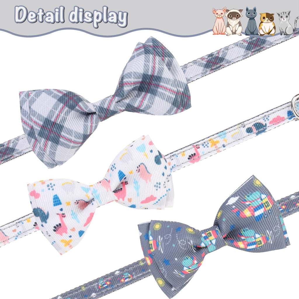 VKPETFR Breakaway Cat Collar with Removable Bow Tie and Bell, Cute Multi-Style Patterns, 3 Pack Safety Buckle Kitten Collars, Adjustable Pet Collar for Boy Cats Puppy (Gray)
