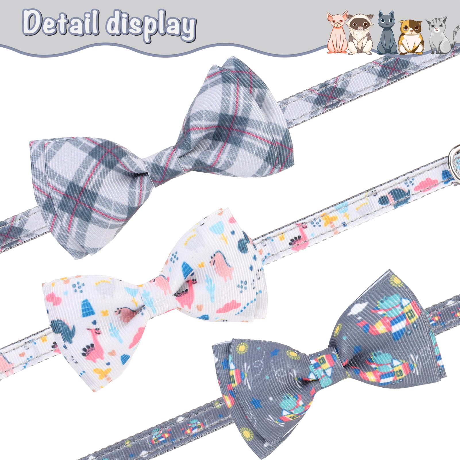 VKPETFR Breakaway Cat Collar with Removable Bow Tie and Bell, Cute Multi-Style Patterns, 3 Pack Safety Buckle Kitten Collars, Adjustable Pet Collar for Boy Cats Puppy (Gray)