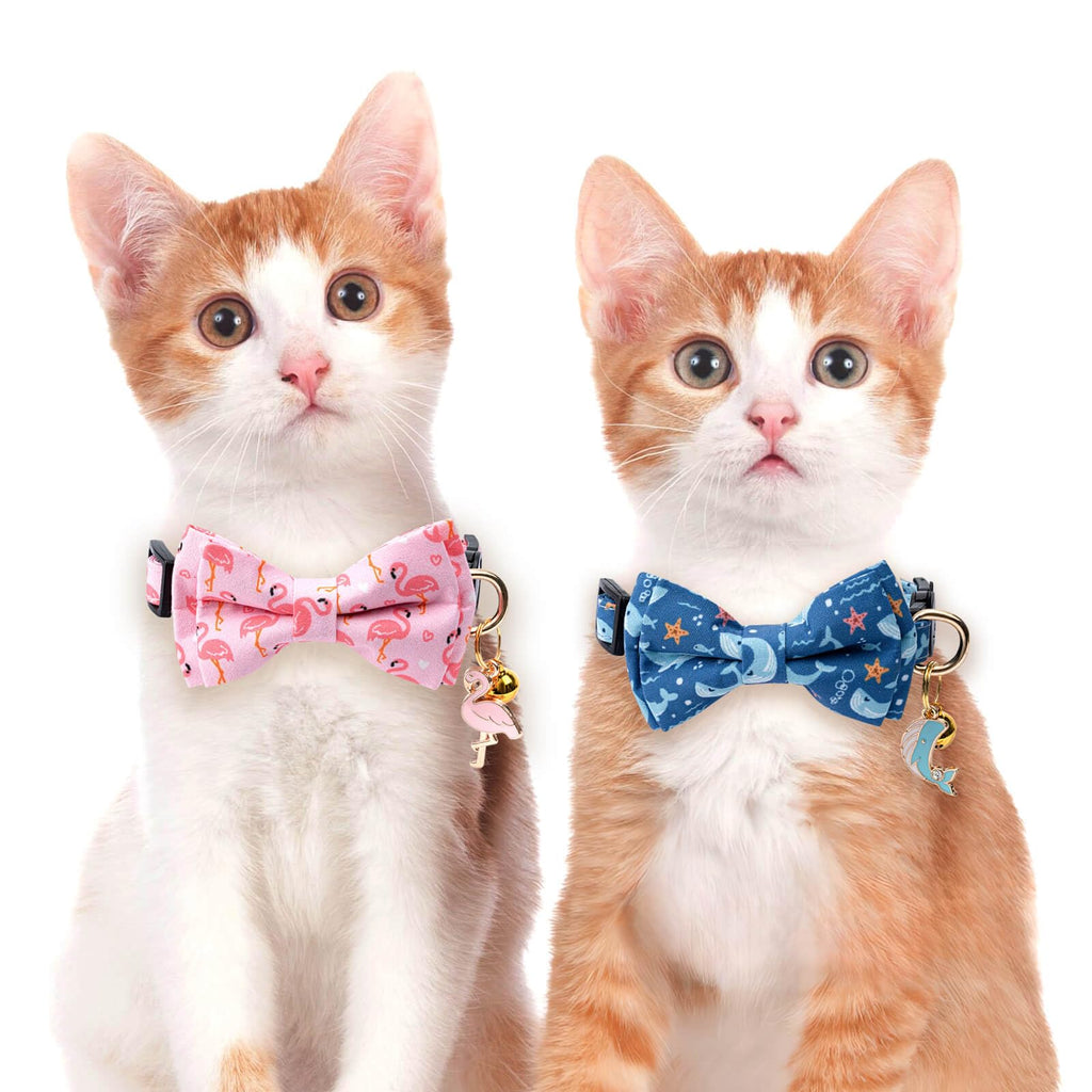 Jelwuion 2 Pack Cotton Cat Collar with Bow Tie and Bell for Girl Boy Cats,Cute Pink Flamingo and Blue Whale Pattern Spring Summer Breakaway Cat Collar for Male Female Cats (Flamingo&Whale)
