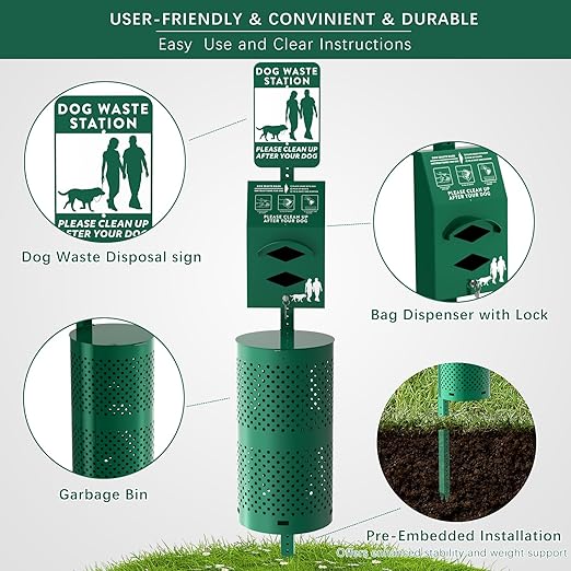 POCHAR Rust-Proof Aluminum Outdoor Dog Waste Disposal Station for Pet Parks