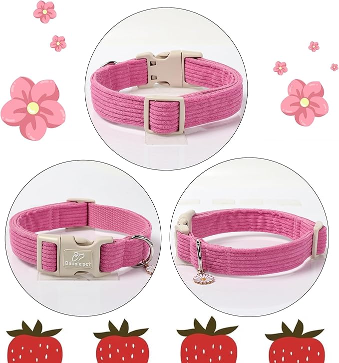 Babole Pet Cute Corduroy Dog Collar - Deep Rose Adjustable Dog Collars for Medium Dogs 25-50lbs, Fade-Proof with Secure Snap & Little Charm, Christmas Birthday Gift, M
