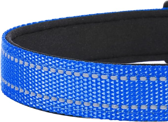 PWOD Reflective Dog Collar, Adjustable Soft Neoprene Padded Nylon Pet Collars with Buckle for Large Dogs, Navy Blue,L