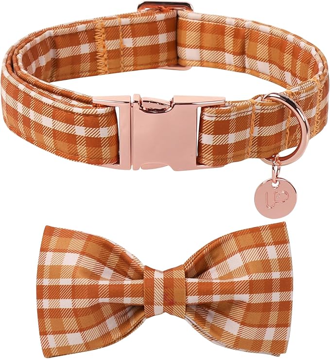 UP URARA PUP Fall Plaid Dog Collar and Bow Tie Set – Brown Orange Checkered Adjustable Collar with Maple Leaf Charm for Small Medium Large Dogs, Soft Cotton Puppy Collar with Quick Release Buckle