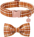 UP URARA PUP Fall Plaid Dog Collar and Bow Tie Set – Brown Orange Checkered Adjustable Collar with Maple Leaf Charm for Small Medium Large Dogs, Soft Cotton Puppy Collar with Quick Release Buckle