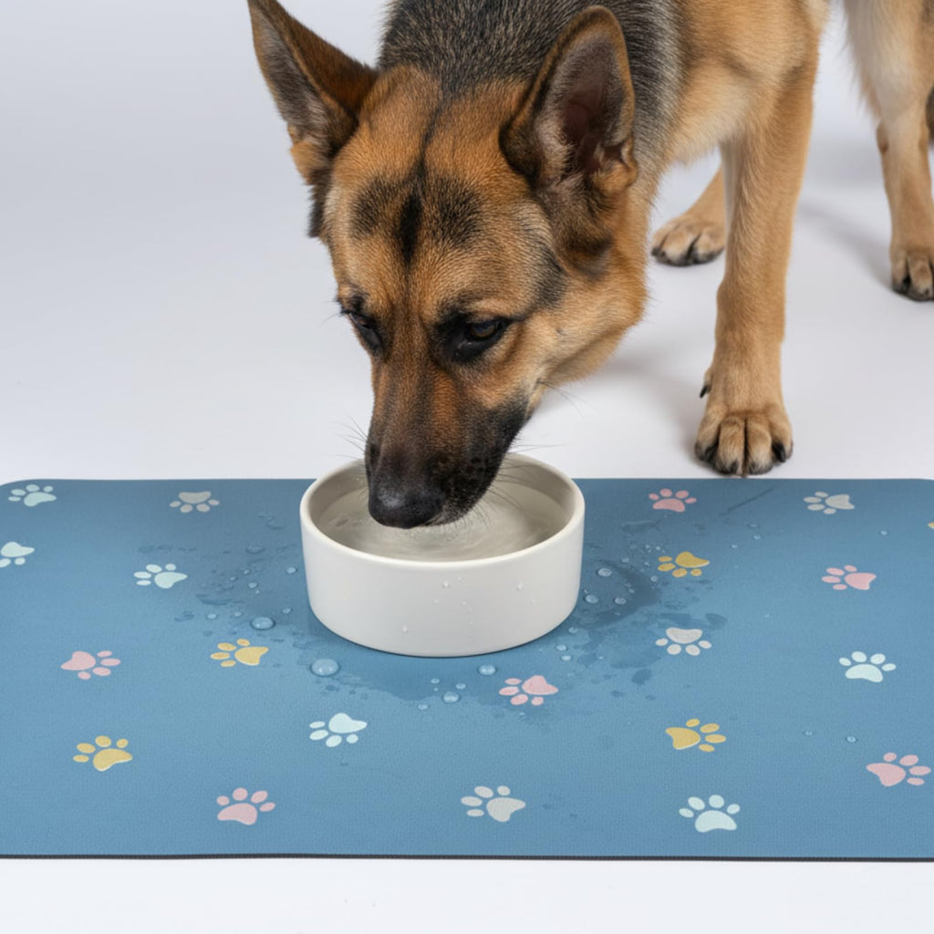 Yetstock Pet Feeding Mat Absorbent Dog Mat for Food and Water Non Slip Quick Dry Dog Bowl Mats for Floors 27" X 17" Paw Lake Blue