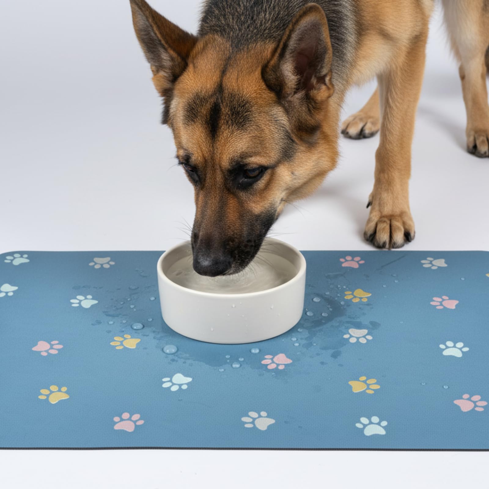 Yetstock Pet Feeding Mat Absorbent Dog Mat for Food and Water Non Slip Quick Dry Dog Bowl Mats for Floors 27" X 17" Paw Lake Blue