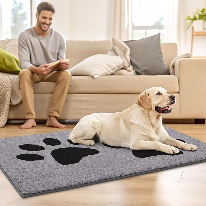 Buganda Dog Door Mat for Muddy Paws, Absorbent Dirt Trapper Washable Indoor Doormats, Non Slip Low-Profile Mud Mat for Dogs, Front Entrance Doormat for Inside Floor (59x35 Inches, Grey)
