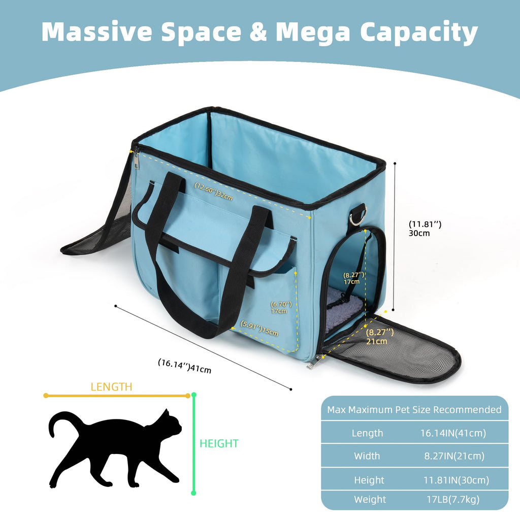 Cat & Dog Carrier for Pets Up to 15 Lbs, Airline Approved Soft-Sided Collapsible Pet Carrier for Cats & Dogs, Cat Carrier with Breathable Mesh, Padded Interior – Ideal for Car Rides, Daily Use(Blue)