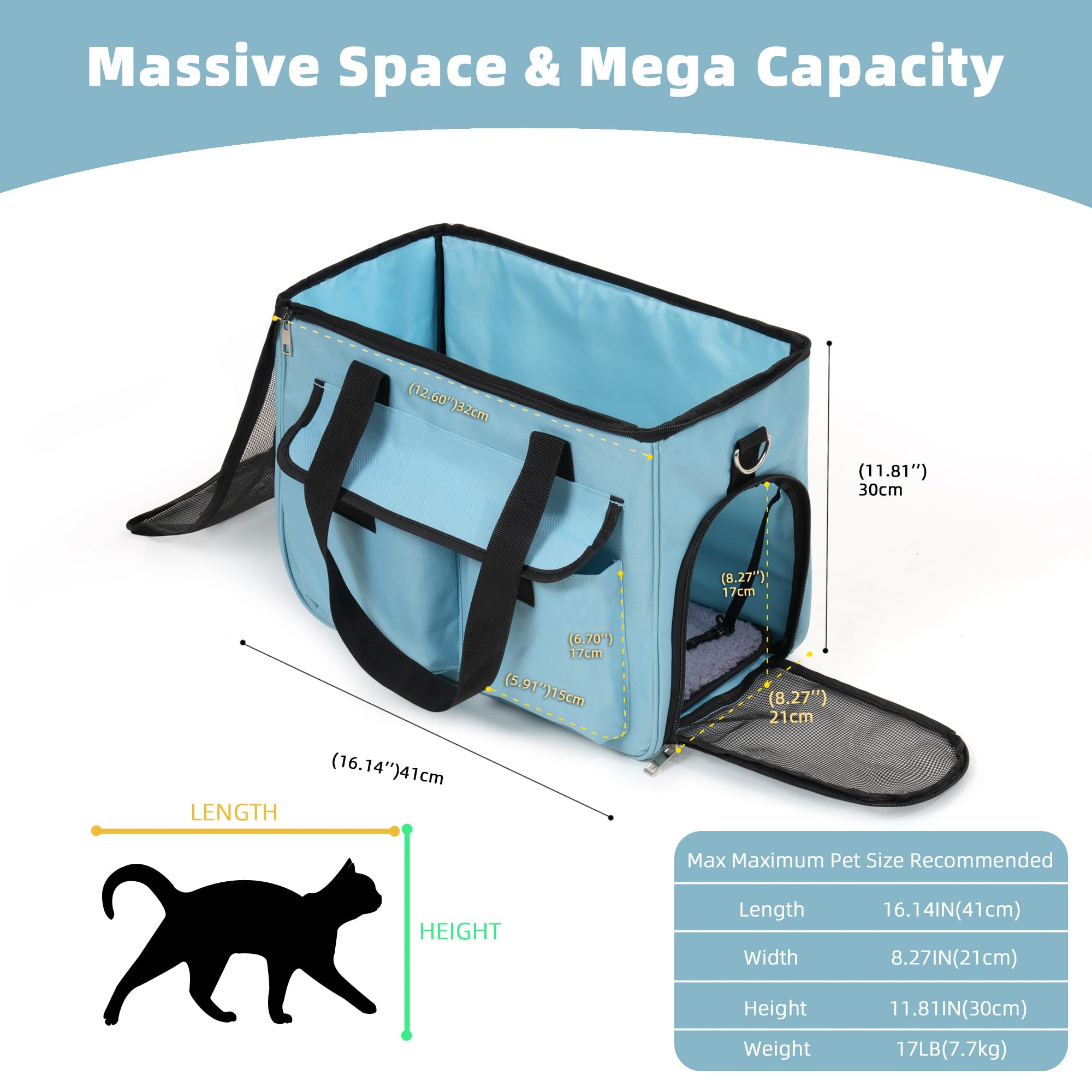 Cat & Dog Carrier for Pets Up to 15 Lbs, Airline Approved Soft-Sided Collapsible Pet Carrier for Cats & Dogs, Cat Carrier with Breathable Mesh, Padded Interior – Ideal for Car Rides, Daily Use(Blue)
