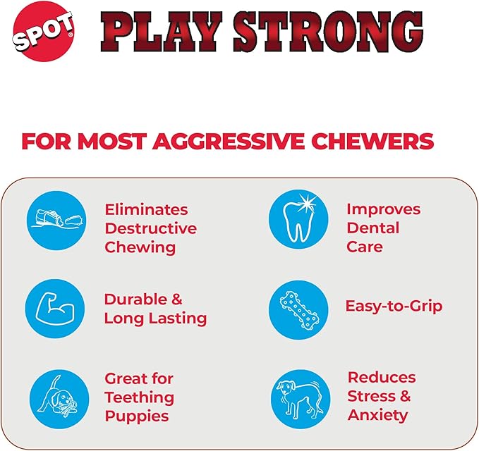 SPOT Play Strong Bone- Durable TPR Long Lasting Dog Chew for Aggressive Chewers, Hole for Treats, Virtually Indestructible Toy for Medium & Large Dogs & Puppies - 6.5 inch